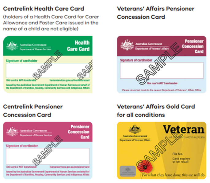 Eligible concession cards